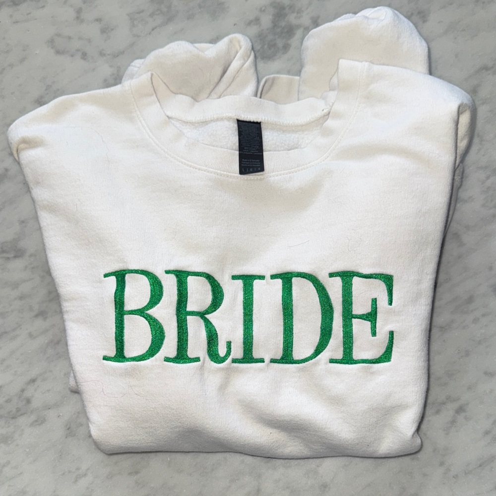 White Sweatshirt with Green 'Bride' Embroidery